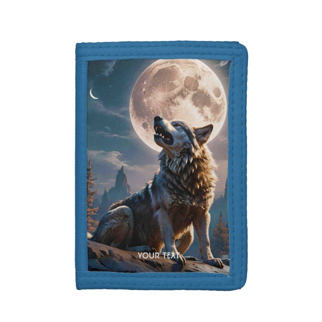 Fantasy Cute Wolf Howling To Moon Trifold Wallet (Front Vertical)