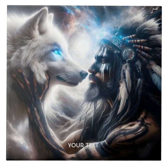 Fantasy Cute Wolf Tribal Man Ceramic Tile (Front)