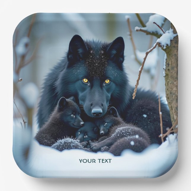 Fantasy Cute Wolf Two Pups Paper Plates (Front)