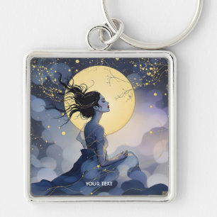 Fantasy Cute Woman Trees Moon Keychain
