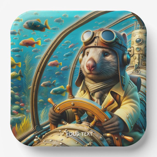 Fantasy Cute Wombat Pilot Underwater Paper Plates (Front)