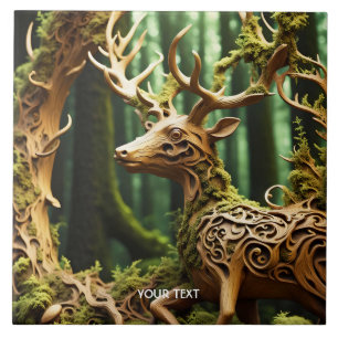 Fantasy Cute Wooden Carving Deer Ceramic Tile