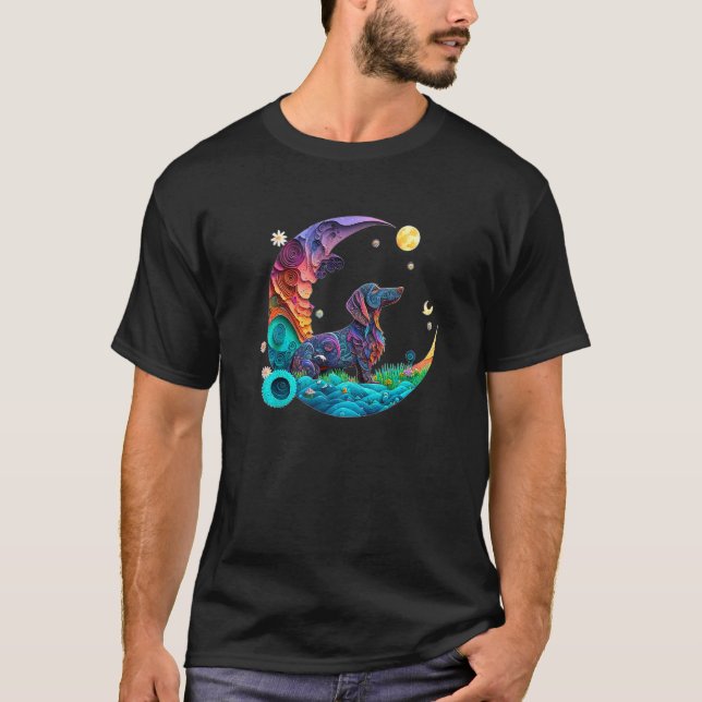 Fantasy Dachshund Dog Cute Crescent Moon Paper Art T-Shirt (Front)