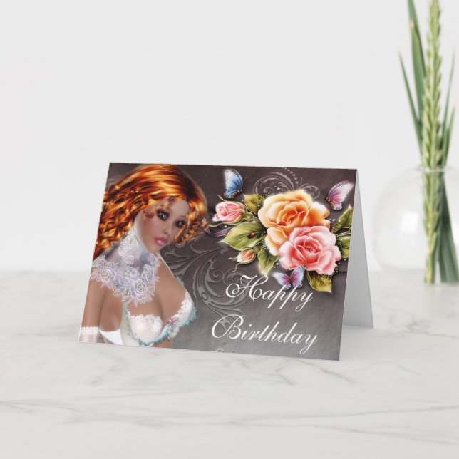 Fantasy Dark Skin Redhead with Roses Birthday Card (Front)