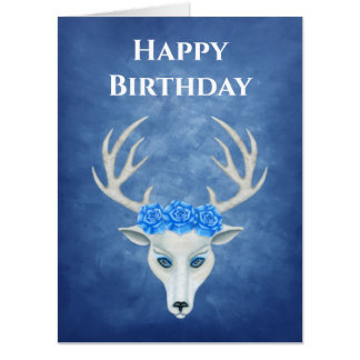 Fantasy Deer Happy Birthday Antlers Roses Blue Card
