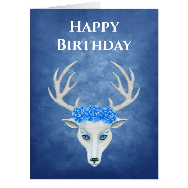 Fantasy Deer Happy Birthday Antlers Roses Blue Card (Front)