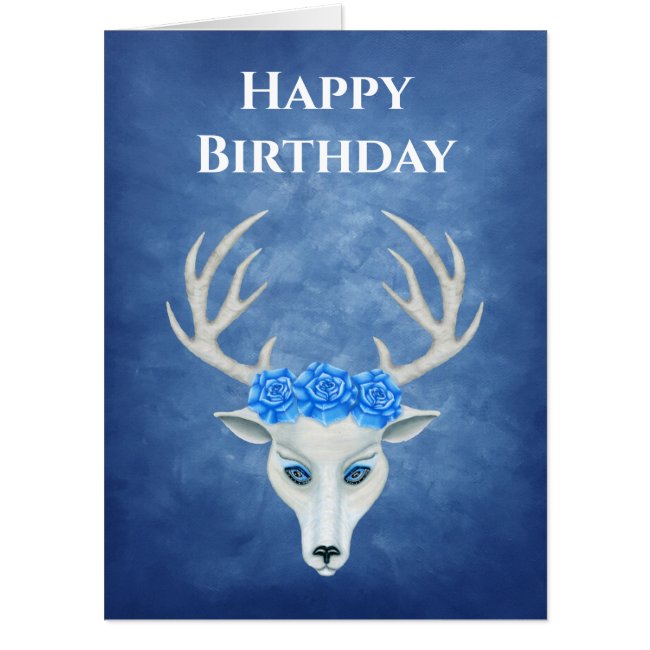 Fantasy Deer Happy Birthday Antlers Roses Blue