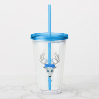 Fantasy Deer Head White Antlers Pretty Blue Roses Acrylic Tumbler