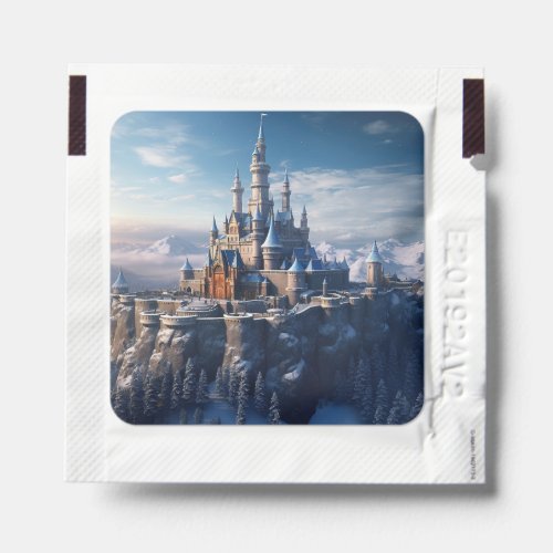 Fantasy digital castle in the mountains  hand sanitizer packet