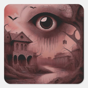 Fantasy: Dilapidated House With Giant Eyeball Square Sticker