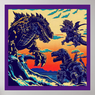 Fantasy Dinosaur Robots Anime - Woodcut 1 Poster