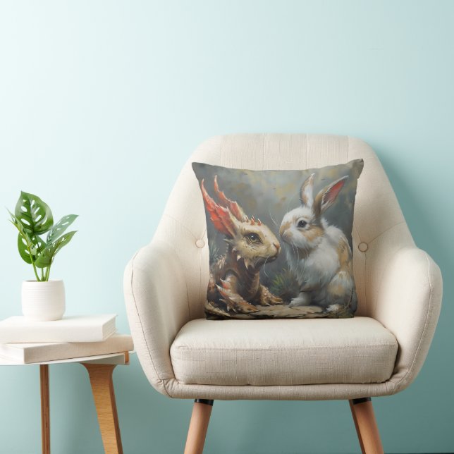 Fantasy Dragon and Rabbit Throw Pillow (Chair)