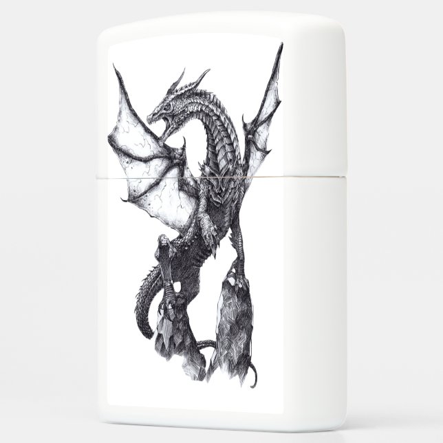  Fantasy Dragon Black and White Drawing  Zippo Lighter (Left)