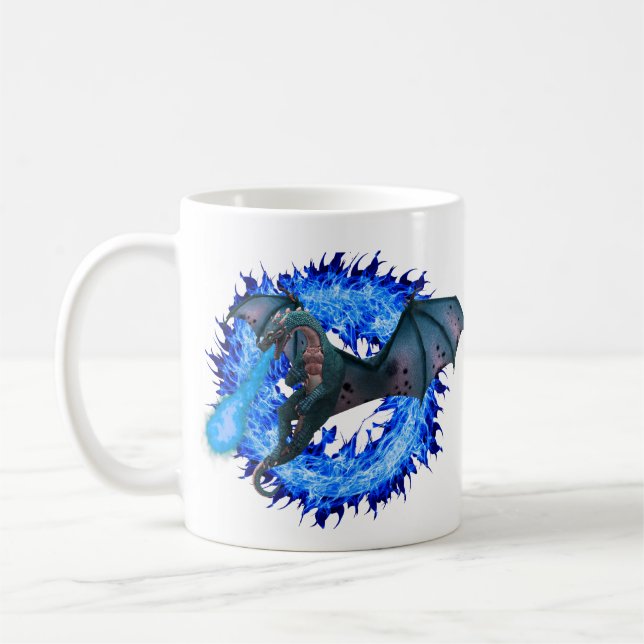 Fantasy Dragon Blue Flaming Fire Coffee Mug (Left)