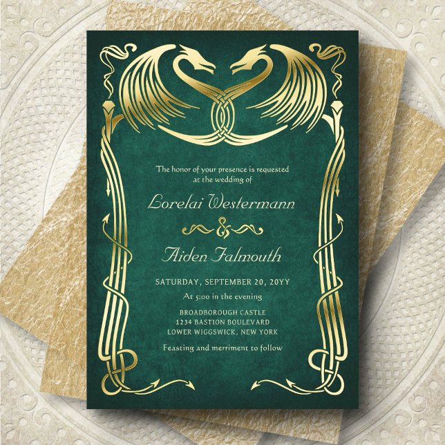 Fantasy Dragon Green Wedding Foil Invitation (Creator Uploaded)