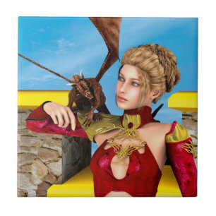 Fantasy Dragon Princess Digital Art Ceramic Tile