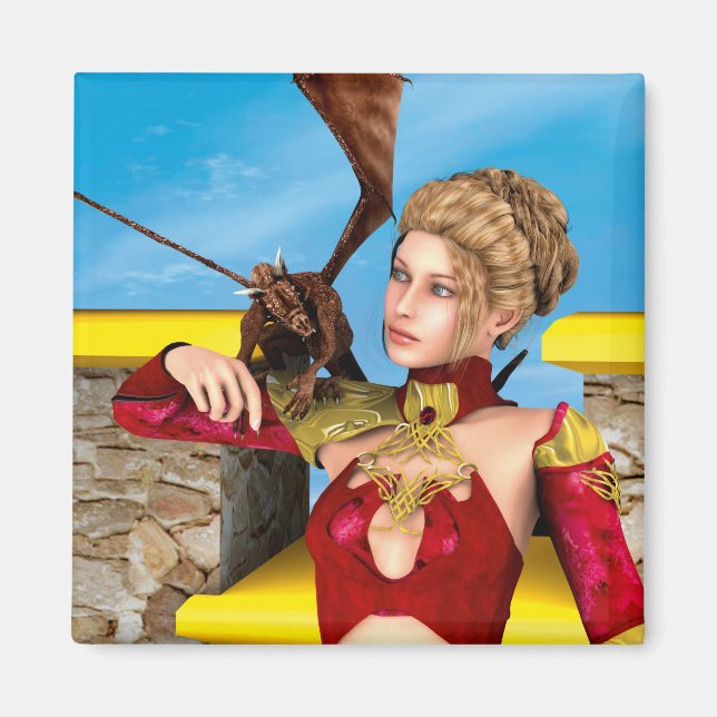 Fantasy Dragon Princess Digital Art Magnet (Front)