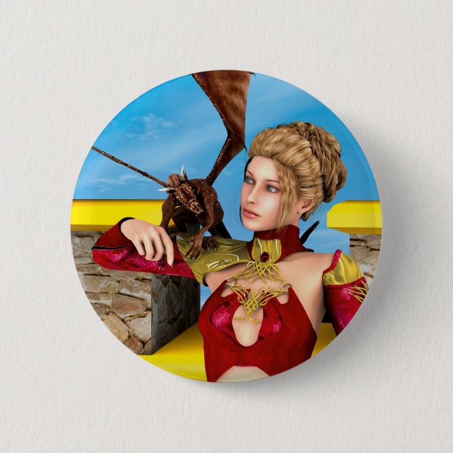 Fantasy Dragon Princess Digital Art Pinback Button (Front)