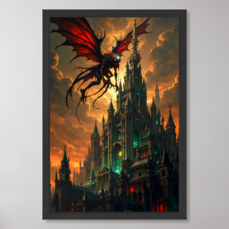 Fantasy Dragon soaring above Gothic Castle against Framed Art