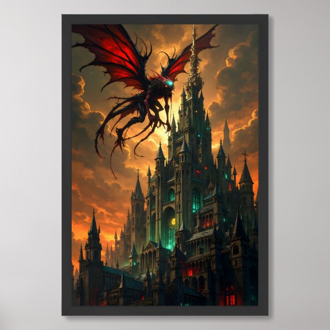 Fantasy Dragon soaring above Gothic Castle against Framed Art (Framed Front)