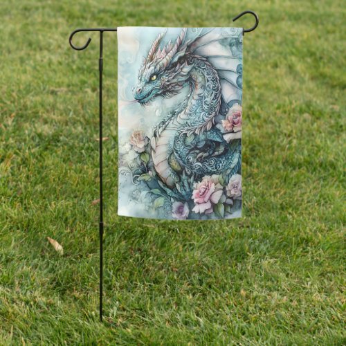 Fantasy Dragon Surrounded by Roses Garden Flag