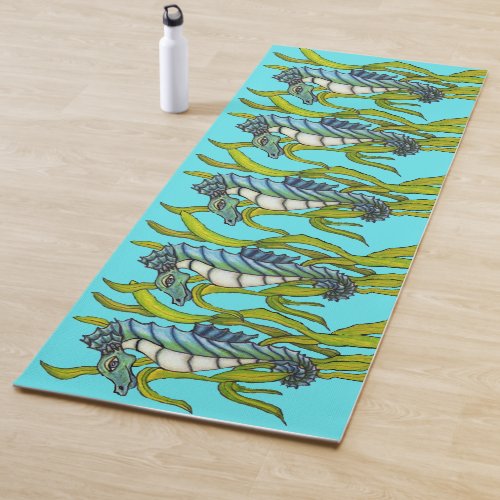 Fantasy Dragon Type Seahorses Aqua Blue Seaweed Yoga Mat
