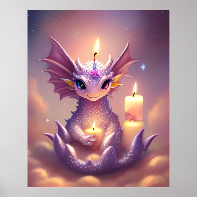 Fantasy Dragon with Birthday Candles Poster (Front)