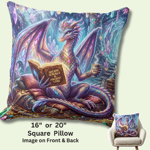 Fantasy Dragon with Book & Coffee Throw Pillow