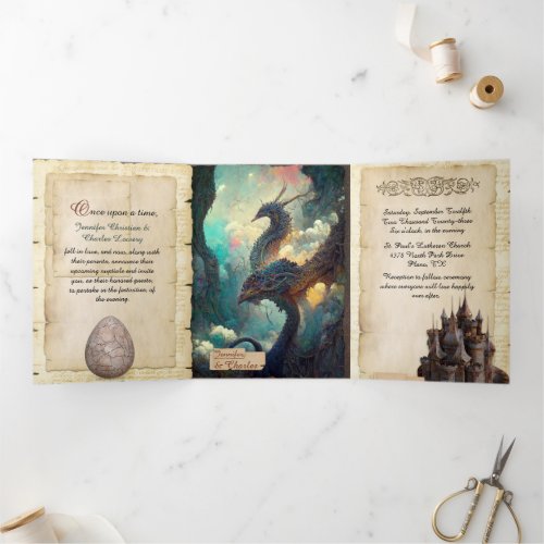 Fantasy Dragons and Castle Fairytale Wedding Tri_Fold Invitation