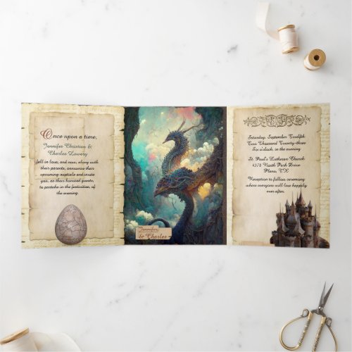 Fantasy Dragons and Castle Fairytale Wedding Tri_Fold Invitation