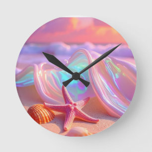 Fantasy Dream Beach With Beautiful Pink Starfish Round Clock