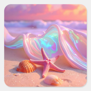 Fantasy Dream Beach With Beautiful Pink Starfish Square Sticker