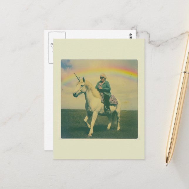 Fantasy Elderly Woman Riding a Unicorn Postcard (Front/Back In Situ)