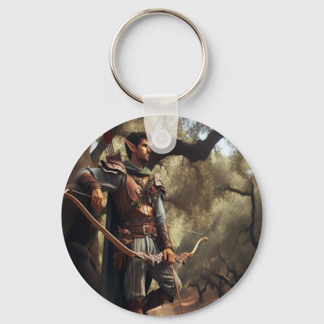 Fantasy Elf Archer Resting in Enchanted Oak Forest Keychain (Front)