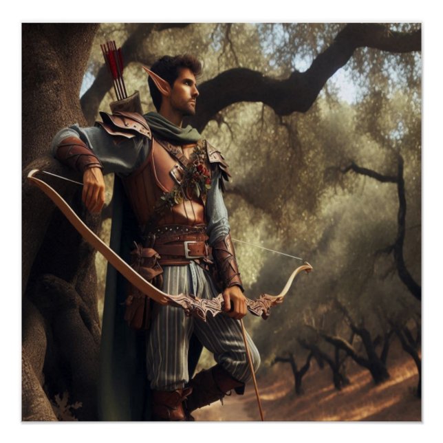 Fantasy Elf Archer Resting in Enchanted Oak Forest Poster (Front)
