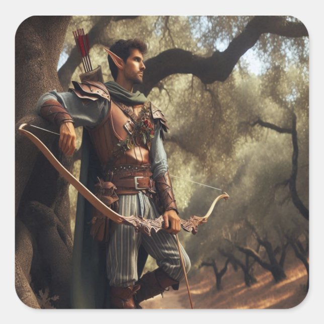 Fantasy Elf Archer Resting in Enchanted Oak Forest Square Sticker (Front)
