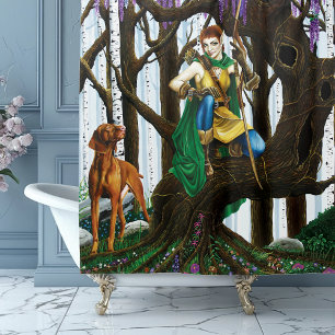 Fantasy Elf Archer Vizsla Dog Enchanted Forest Shower Curtain