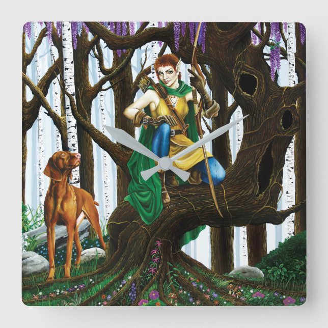 Fantasy Elf Archer Vizsla Dog Enchanted Forest Square Wall Clock (Front)