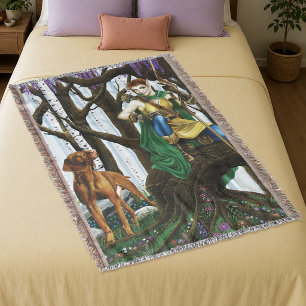 Fantasy Elf Archer Vizsla Dog Enchanted Forest Throw Blanket