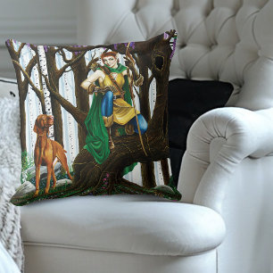 Fantasy Elf Archer Vizsla Dog Enchanted Forest Throw Pillow