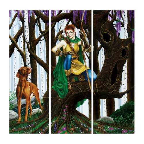 Fantasy Elf Archer Vizsla Dog Enchanted Forest Triptych