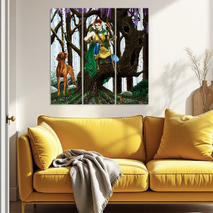 Fantasy Elf Archer Vizsla Dog Enchanted Forest Triptych