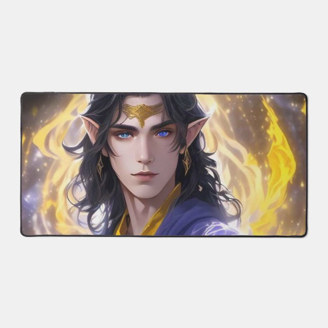 Fantasy Elven Mage: Dark Hair & Fiery Background Desk Mat (Front)