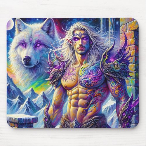 Fantasy Elven Ranger and White Wolf Mouse Pad