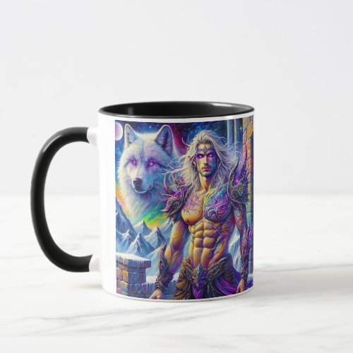 Fantasy Elven Ranger and White Wolf Mug
