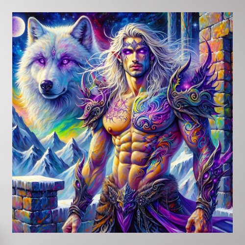 Fantasy Elven Ranger and White Wolf Poster