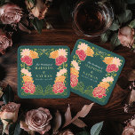 Fantasy Enchanted Floral Garden Wedding  Square Paper Coaster<br><div class="desc">Elegant,  whimsical,  Fantasy Enchanted Floral Garden wedding design perfect for either an enchanted forest-themed celebration. This design features floral elements in a frame of green leaves,  and gold accents. Matching items in our shop for a complete party theme.</div>