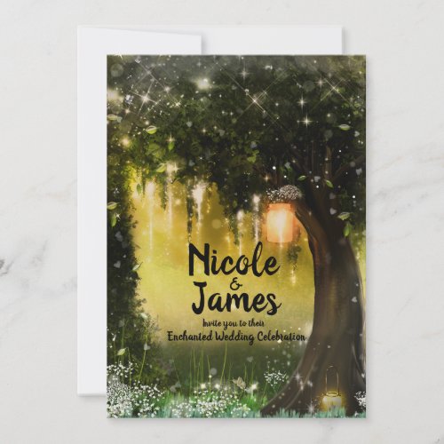 Fantasy Enchanted Green Sparkle Forest Wedding Invitation