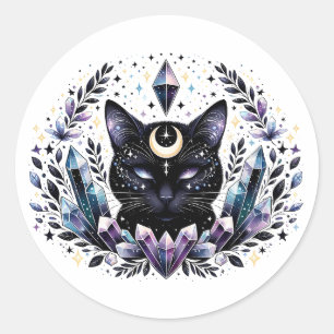 Fantasy Esoteric Crystal Black Cat Classic Round Sticker