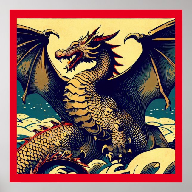Fantasy European Dragon - Woodcut 1 Poster (Front)